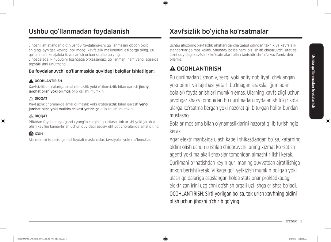 Samsung NZ64K5747BK/WT manual Bu foydalanuvchi qo‘llanmasida quyidagi belgilar ishlatilgan, Ozbek  